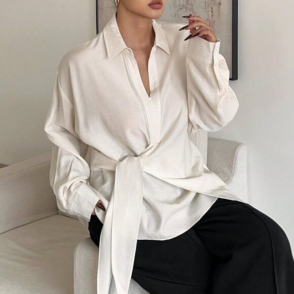 Plus Size White Casual Women's Long Sleeve Turndown Collar Shirt - Picture 3 of 9